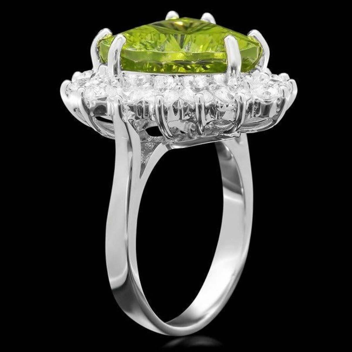 14K White Gold 9.38ct Peridot and 1.60ct Diamond Ring