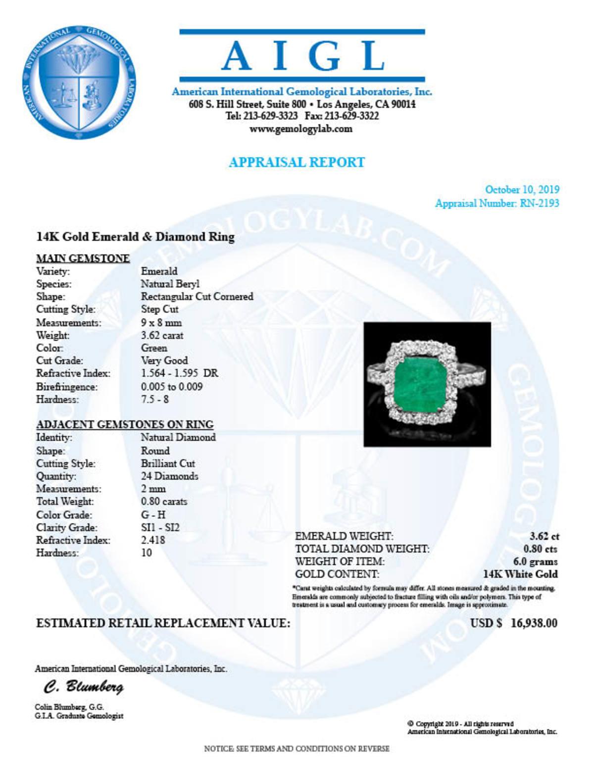 14K White Gold 3.62ct Emerald and 0.80ct Diamond Ring