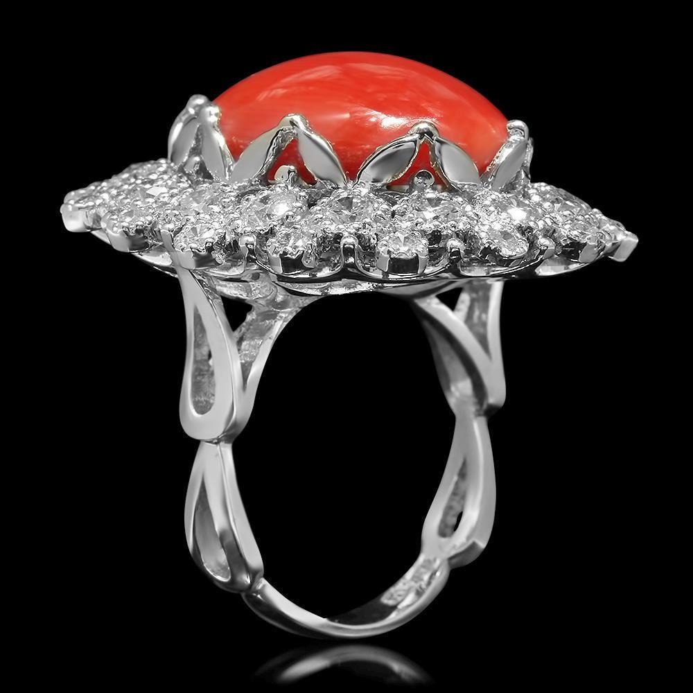 14K White Gold 12.92ct Coral and 2.50ct Diamond Ring