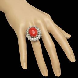 14K White Gold 12.92ct Coral and 2.50ct Diamond Ring