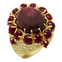 14k Yellow Gold 21.48ct & 5.00ct Ruby 2.18ct Diamond Ring