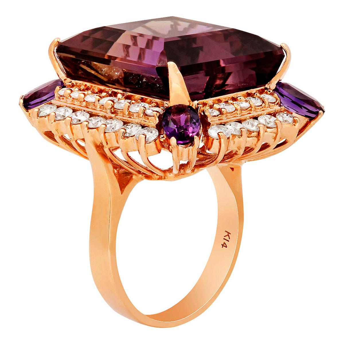 14k Rose Gold 28.30ct Ametrine 0.80ct Amethyst 2.14ct Diamond Ring