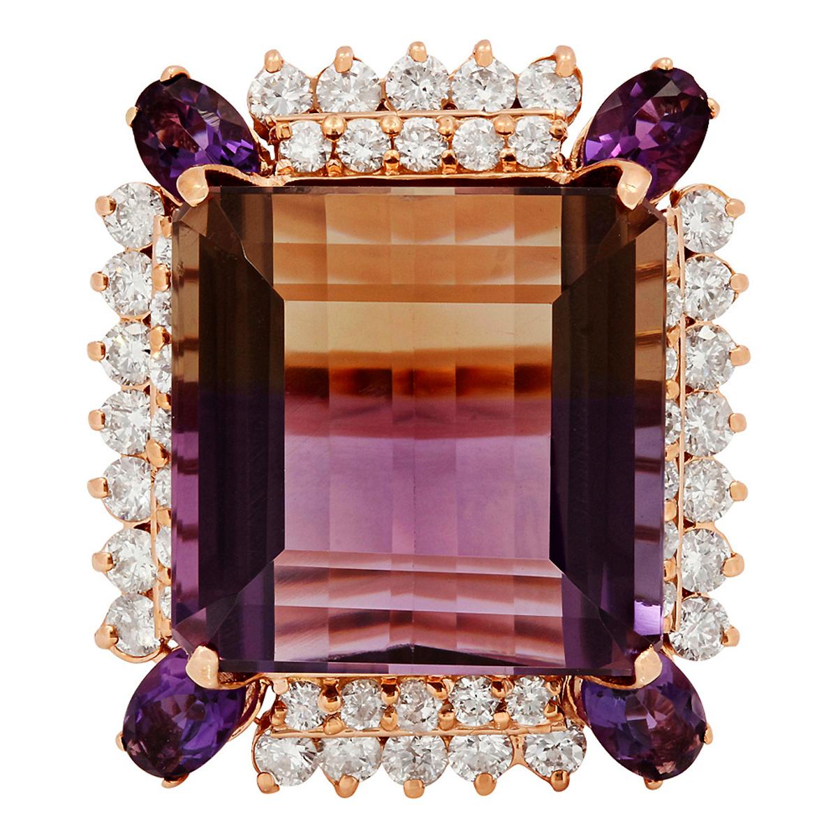 14k Rose Gold 28.30ct Ametrine 0.80ct Amethyst 2.14ct Diamond Ring