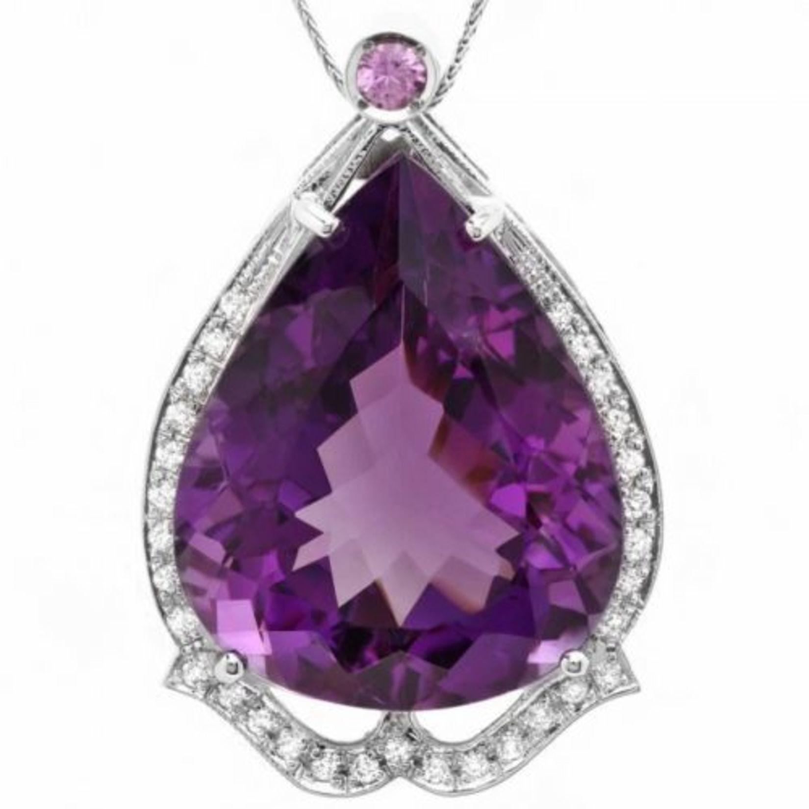 14K Gold 49.11ct Amethyst 0.24ct Pink Sapphire 0.42ct Diamond Pendant