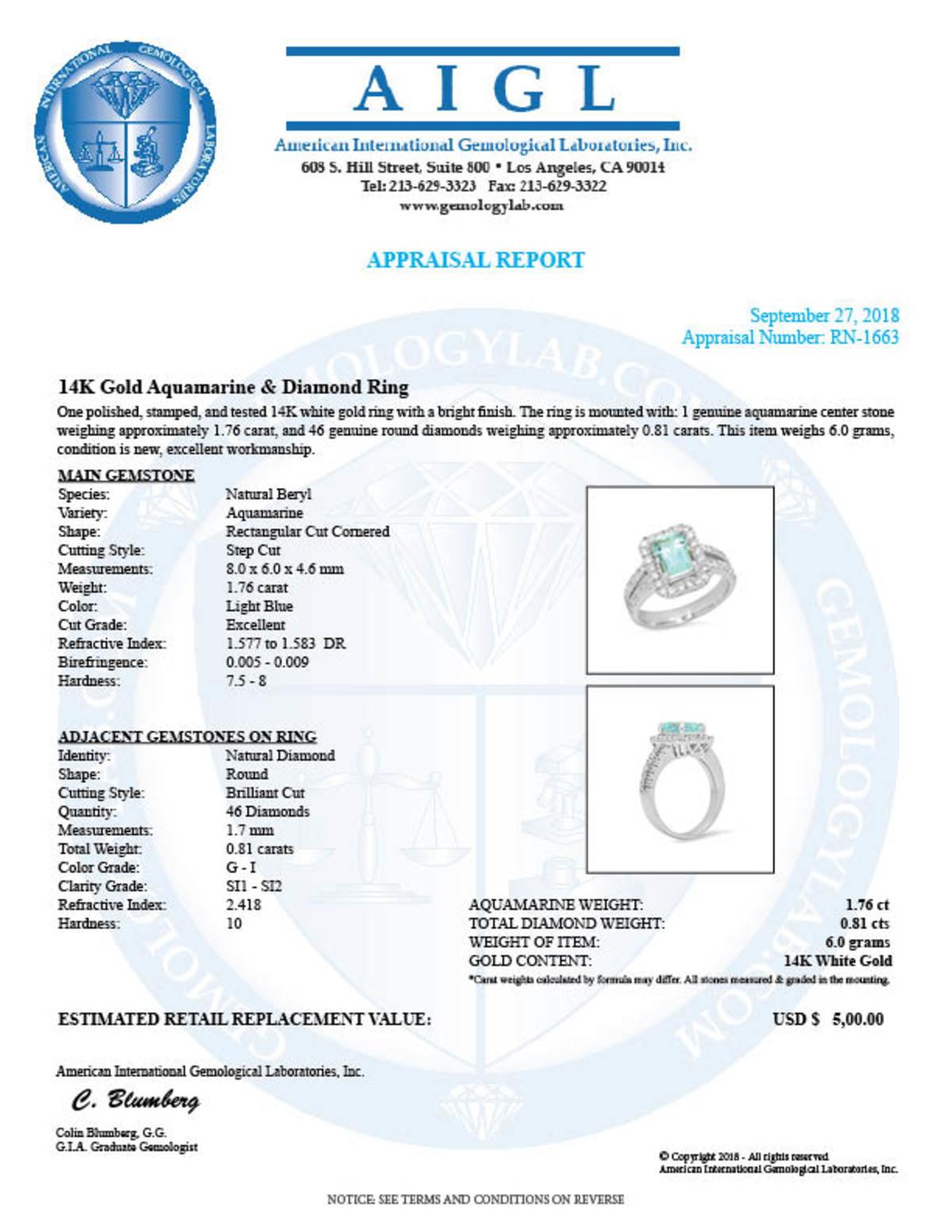 14K White Gold 1.70ct Aquamarine and 0.81ct Diamond Ring