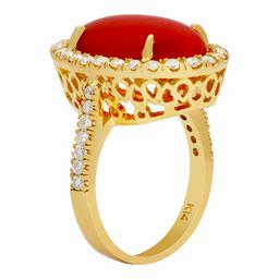 14k Yellow Gold 8.18ct Coral 0.92ct Diamond Ring