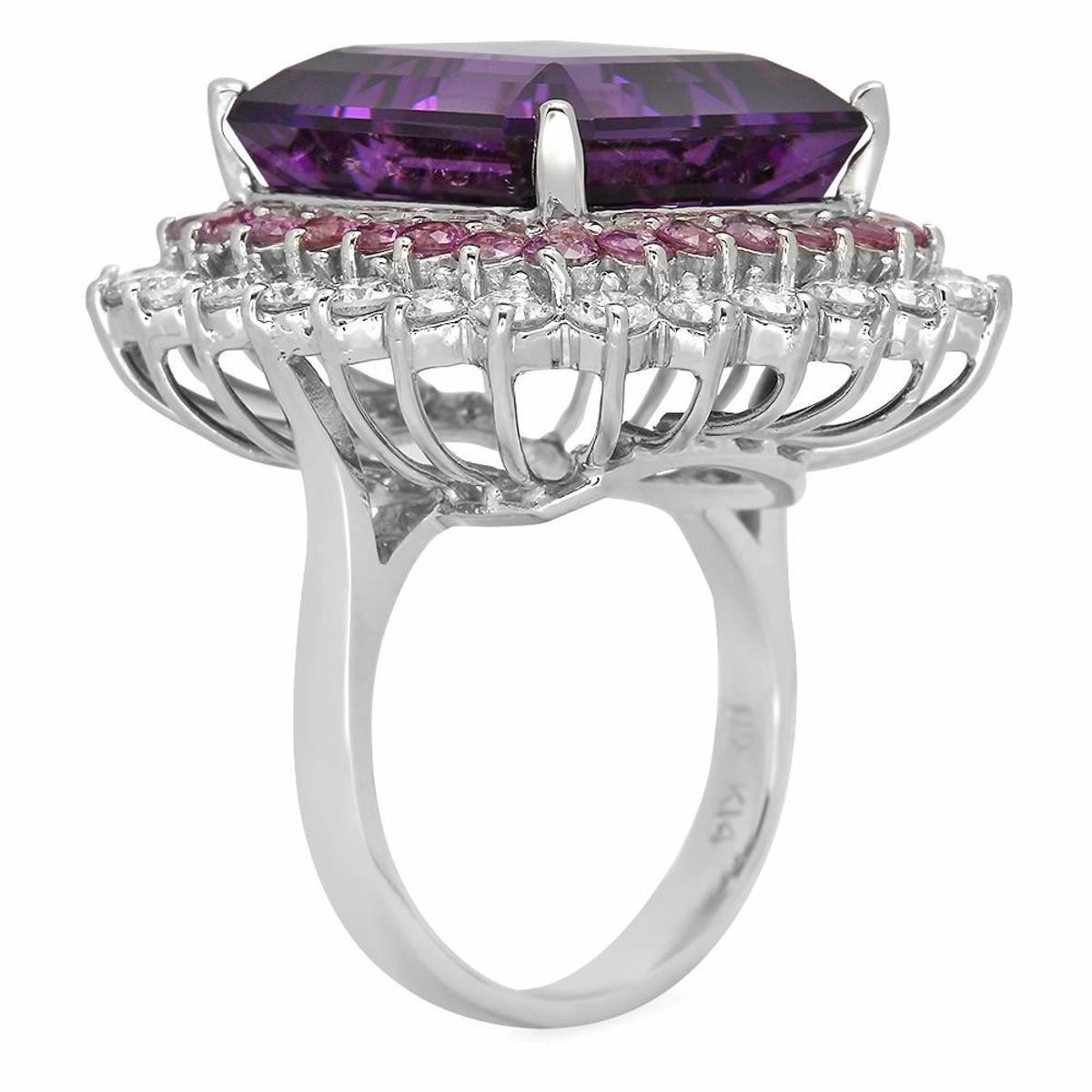 14K White Gold 20.26ct Amethyst 2.01ct Pink Sapphire and 2.43ct Diamond Ring