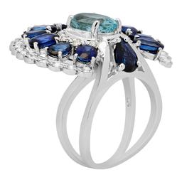 14k White Gold 2.04ct Aquamarine 6.56ct Sapphire 0.97ct Diamond Ring