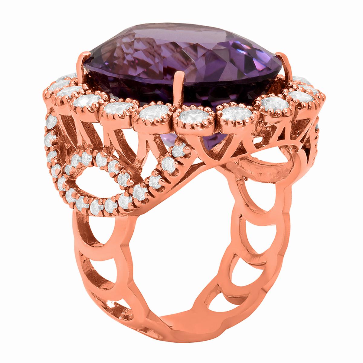 14k Rose Gold 17.38ct Amethyst 1.78ct Diamond Ring