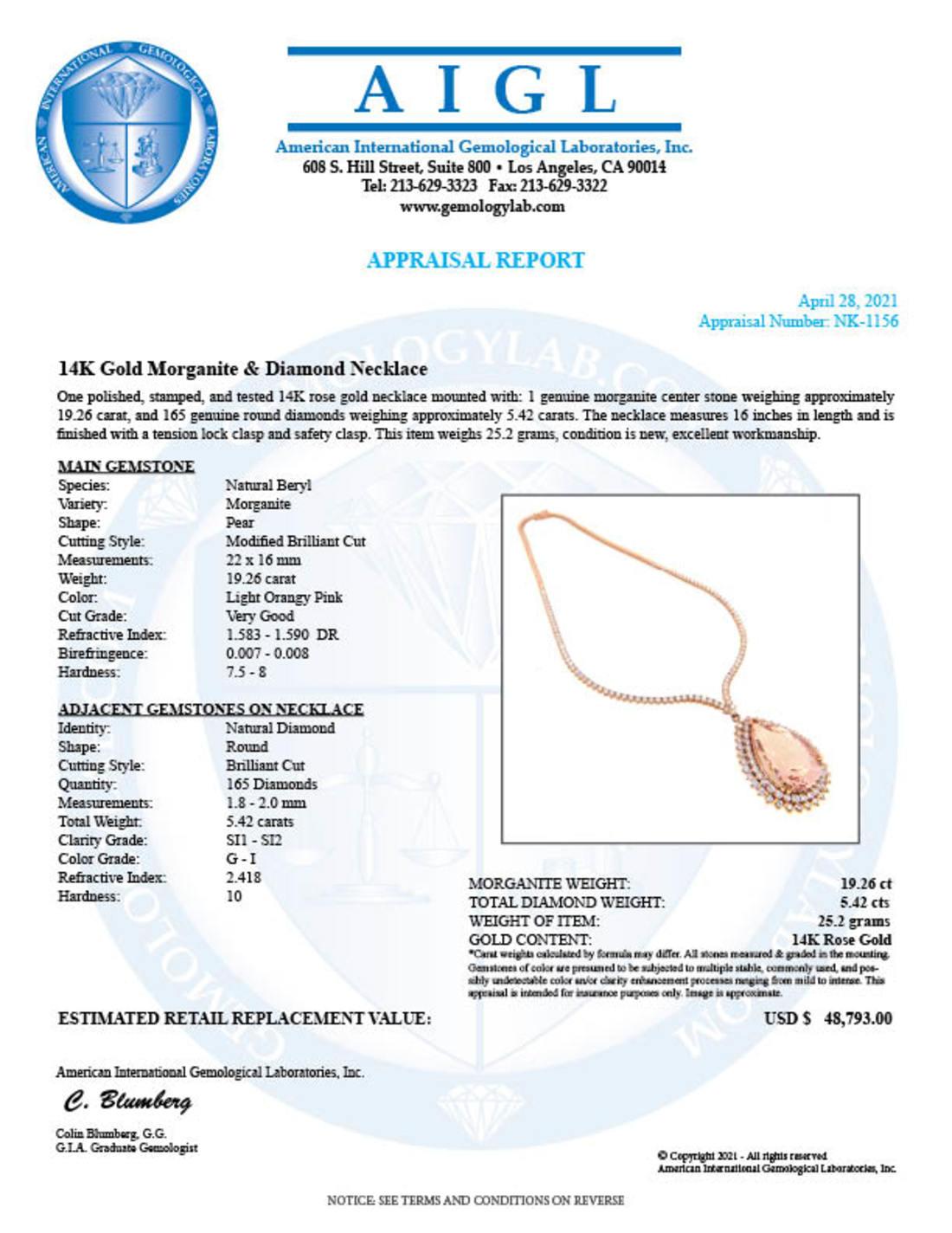 14K Rose Gold with 19.26ct Morganite and 5.42ct Diamond Necklace