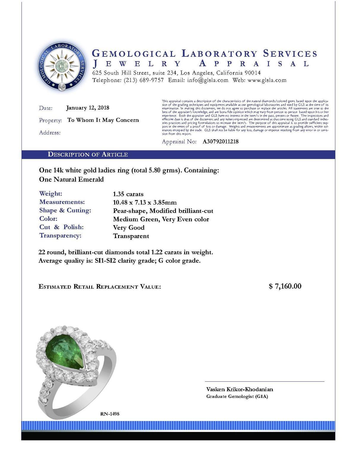 14k White Gold 1.35ct Emerald 1.22ct Diamond Ring