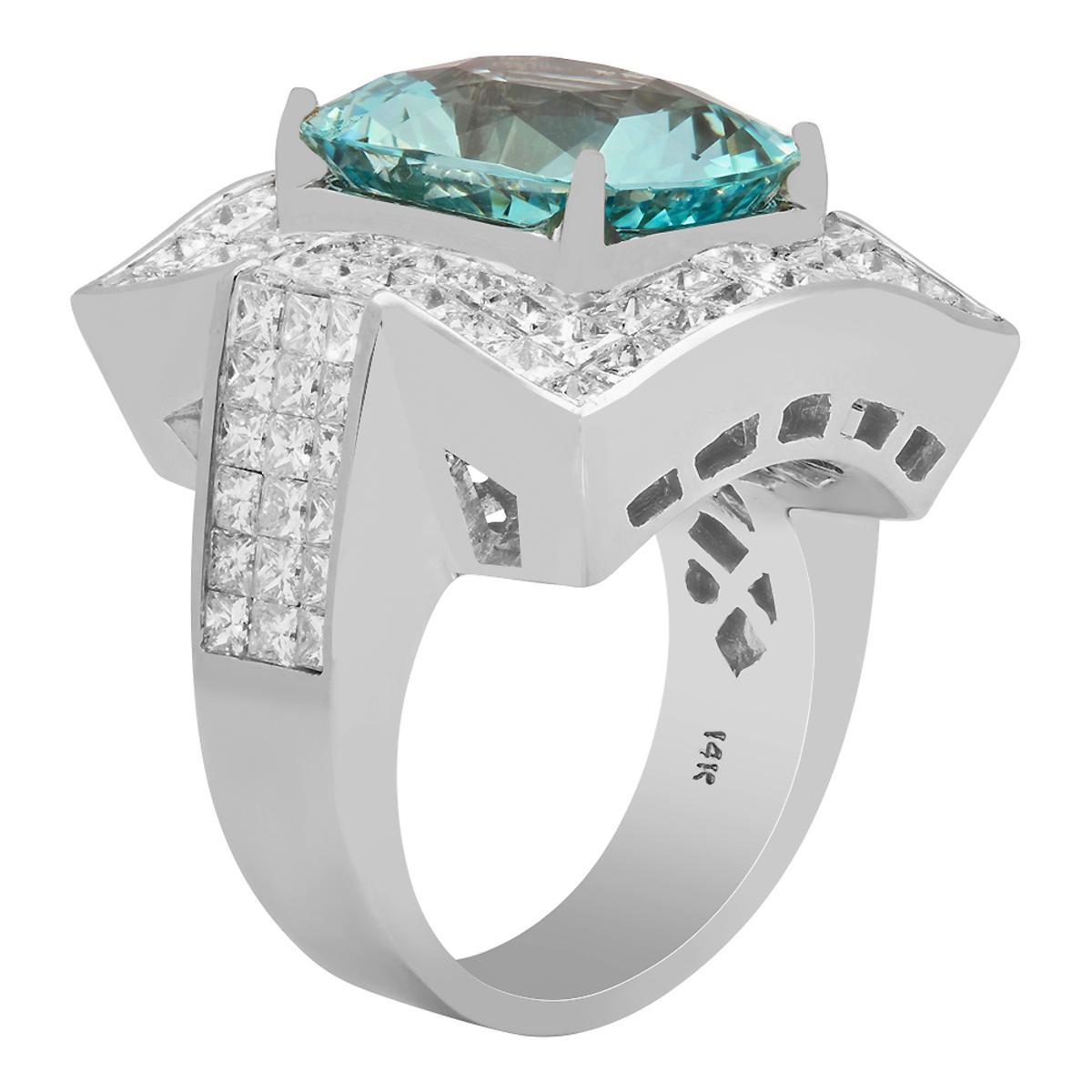 14k White Gold 7.82ct Aquamarine 7.09ct Diamond Ring