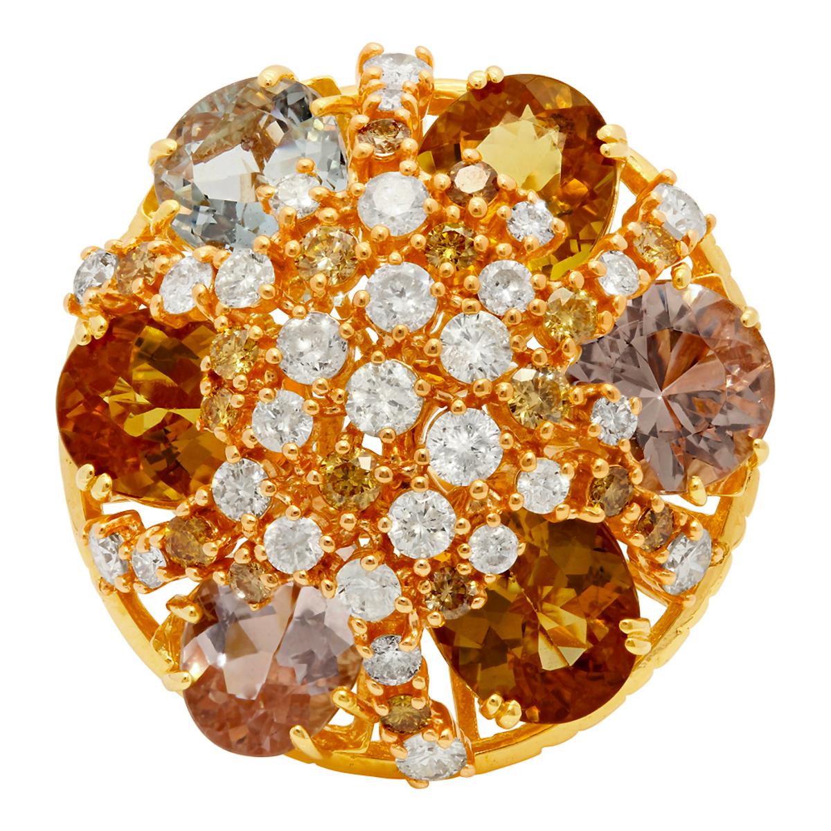 14k Yellow & Rose Gold 16.55ct Aquamarine, Morganite & Yellow Beryl 3.55ct Diamond Ring