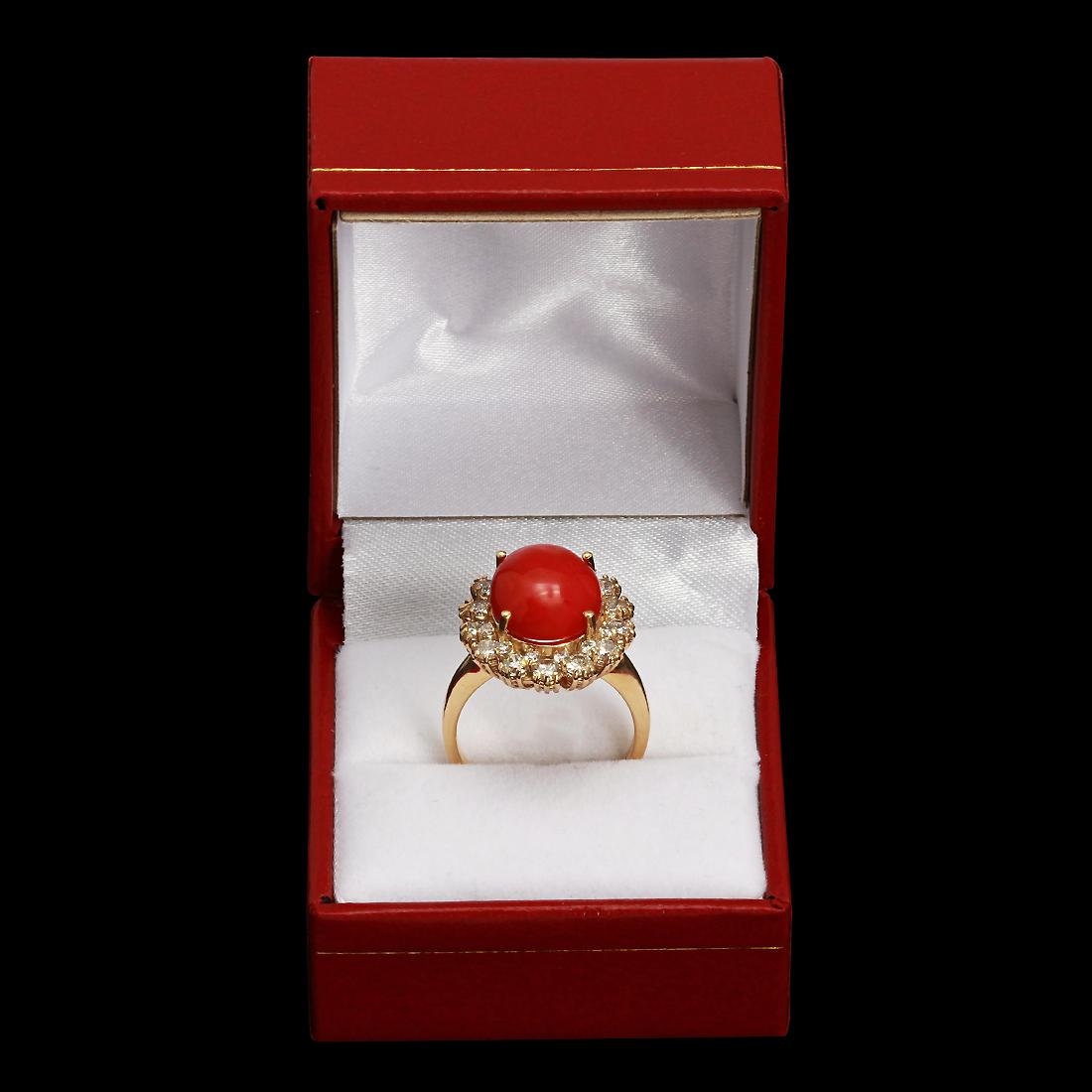 14k Yellow Gold 4.65ct Coral 1.50ct Diamond Ring