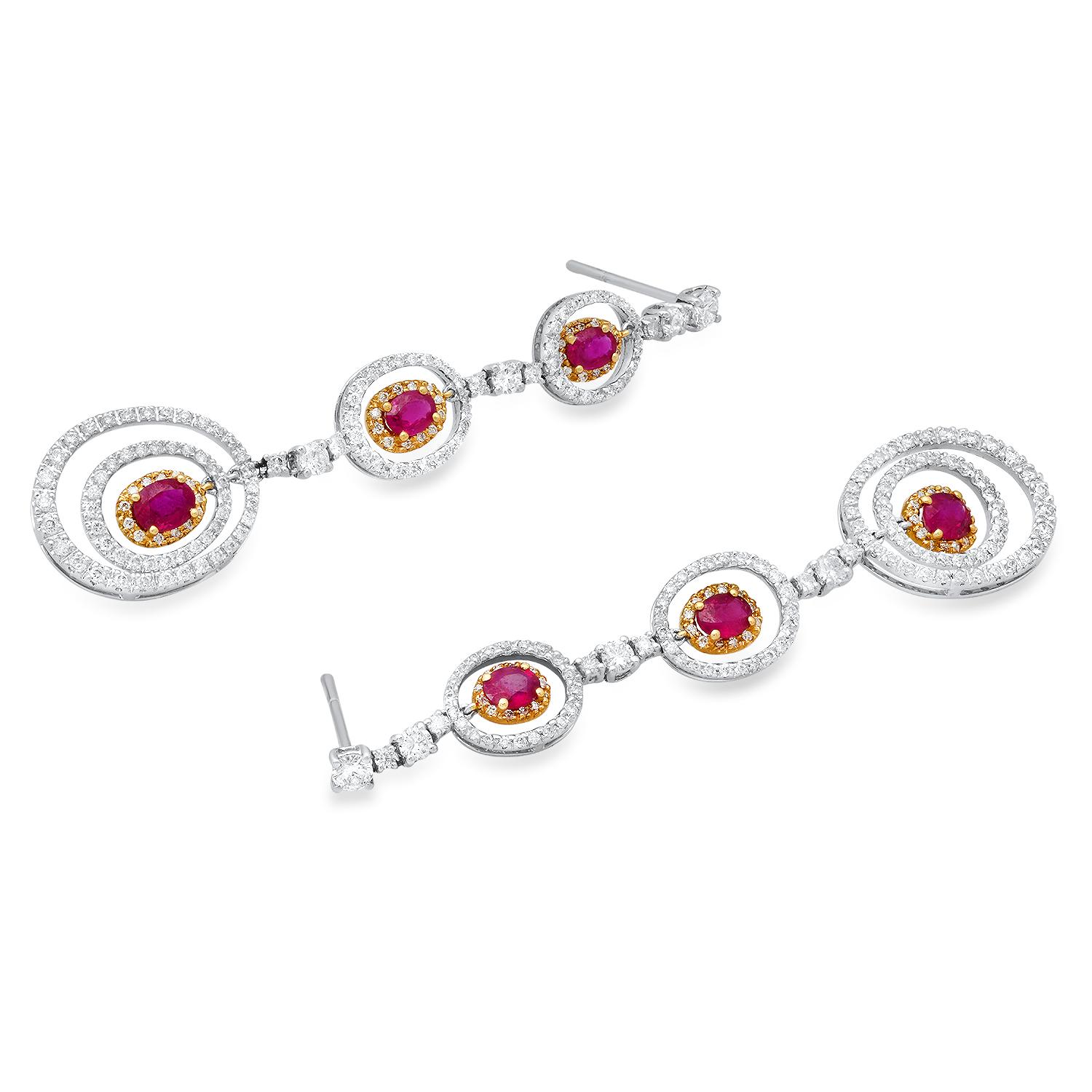 14K Yellow and White Gold 1.99ct Ruby and 2.08ct Diamond Earrings