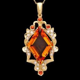 14K Gold 14.86ct Citrine 0.36ct Sapphire and 0.67ct Diamond Pendant