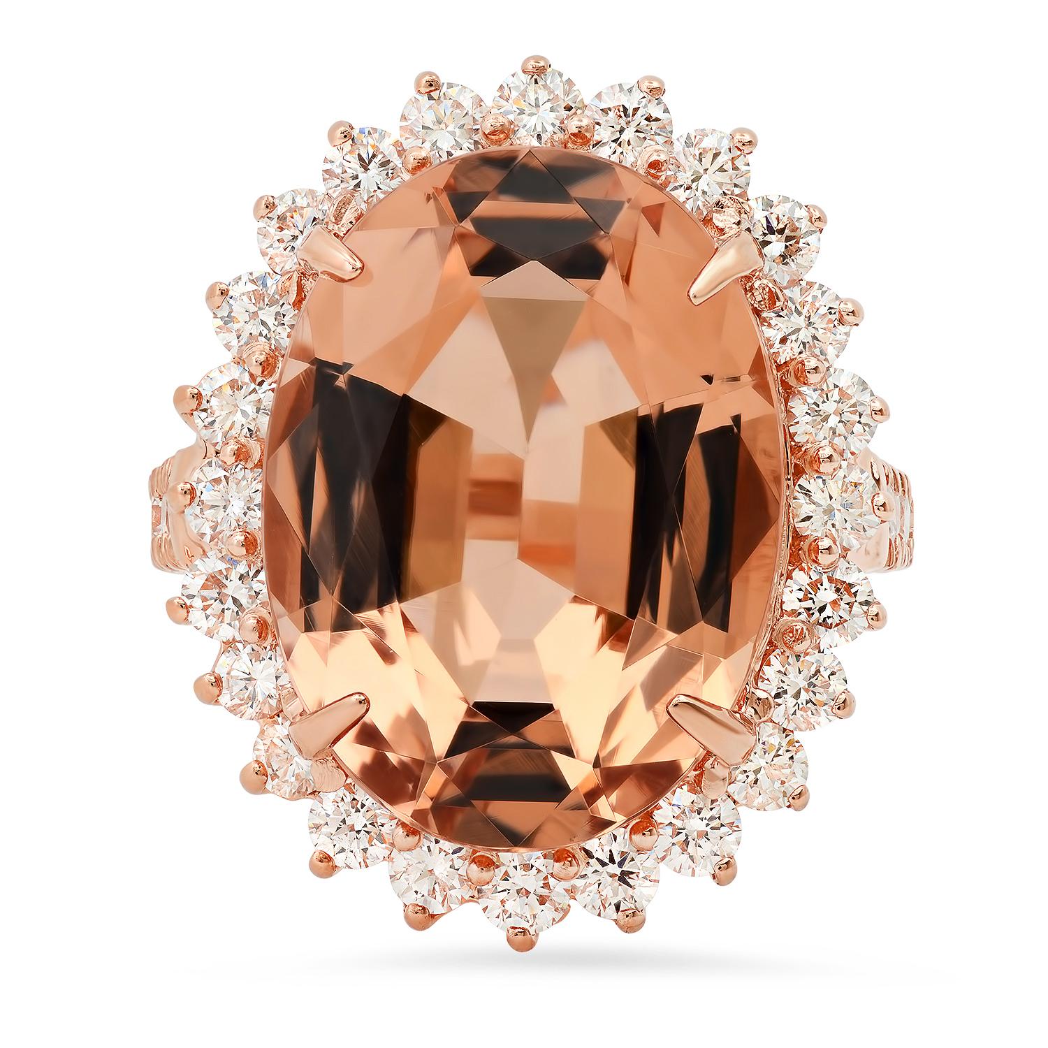 14K Rose Gold with 13.72 Morganite and 1.68ct Diamond Ladies Ring