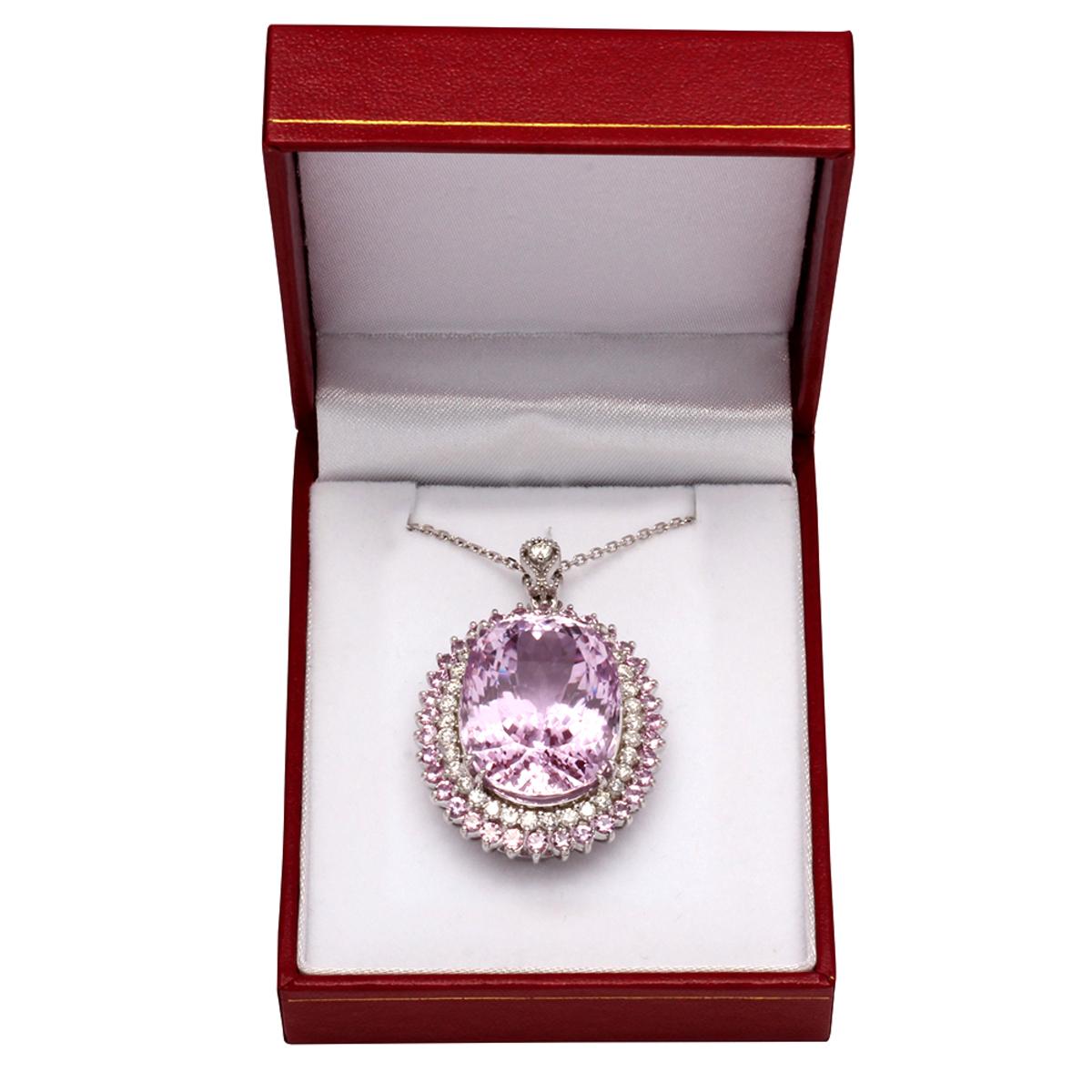 14k White Gold 51.32ct Kunzite 2.05ct Sapphire 1.60ct Diamond Pendant