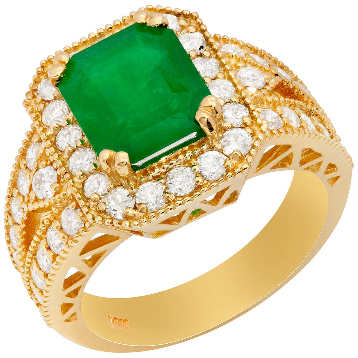 14k Yellow Gold 2.34ct Emerald 1.28ct Diamond Ring