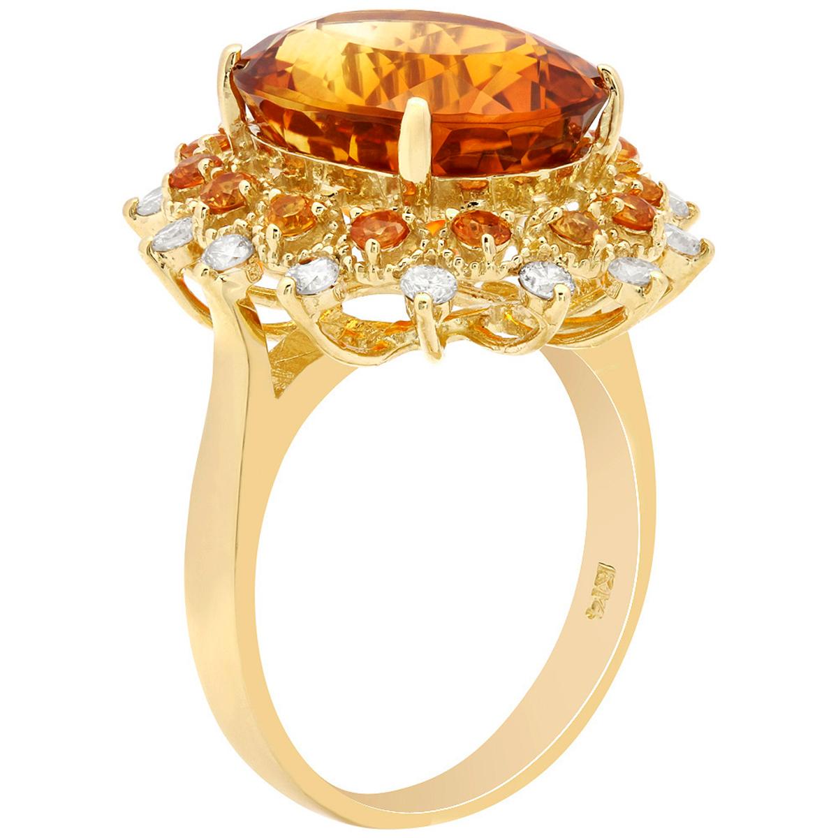 14k Yellow Gold 7.11ct Citrine 0.58ct Orange Sapphire 0.47ct Diamond Ring