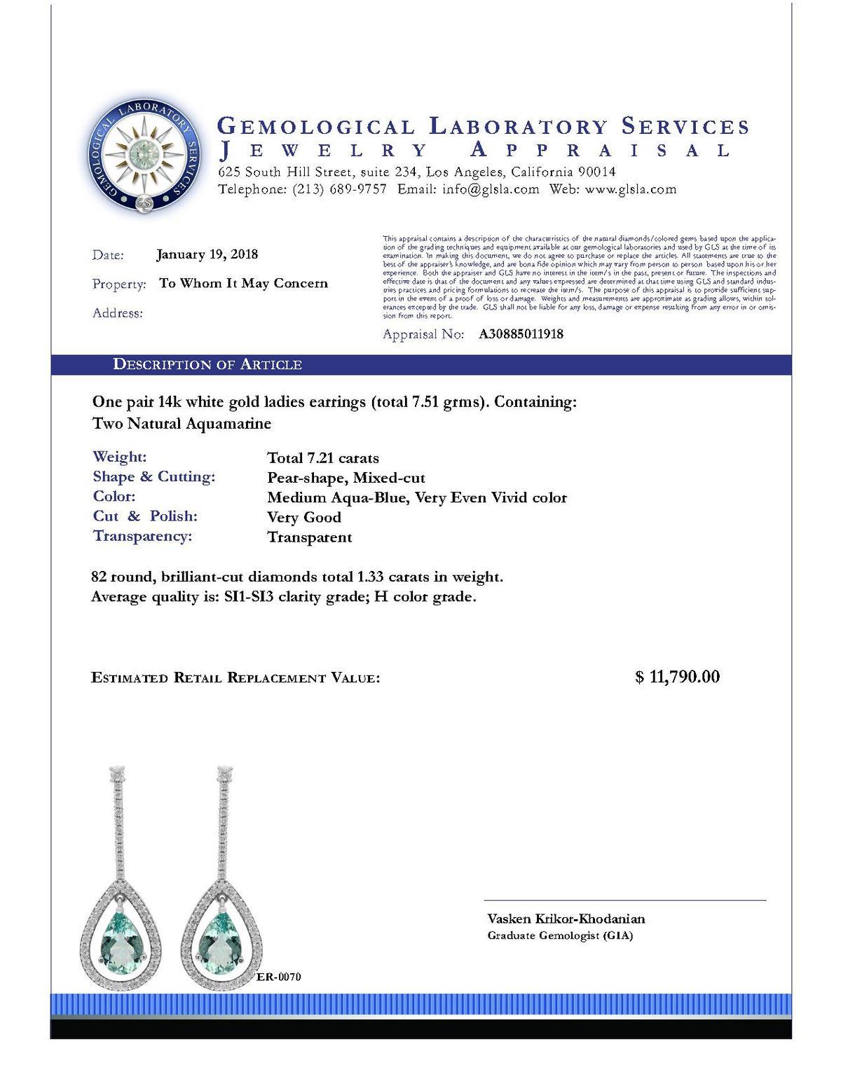 14k White Gold 7.21ct Aquamarine 1.33ct Diamond Earrings