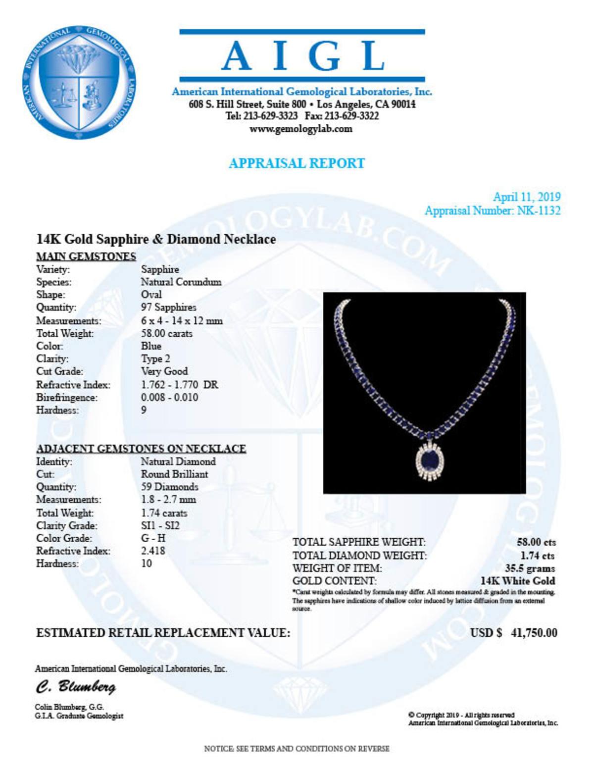 14K White Gold 58.0ct Sapphire and 1.74ct Diamond Necklace