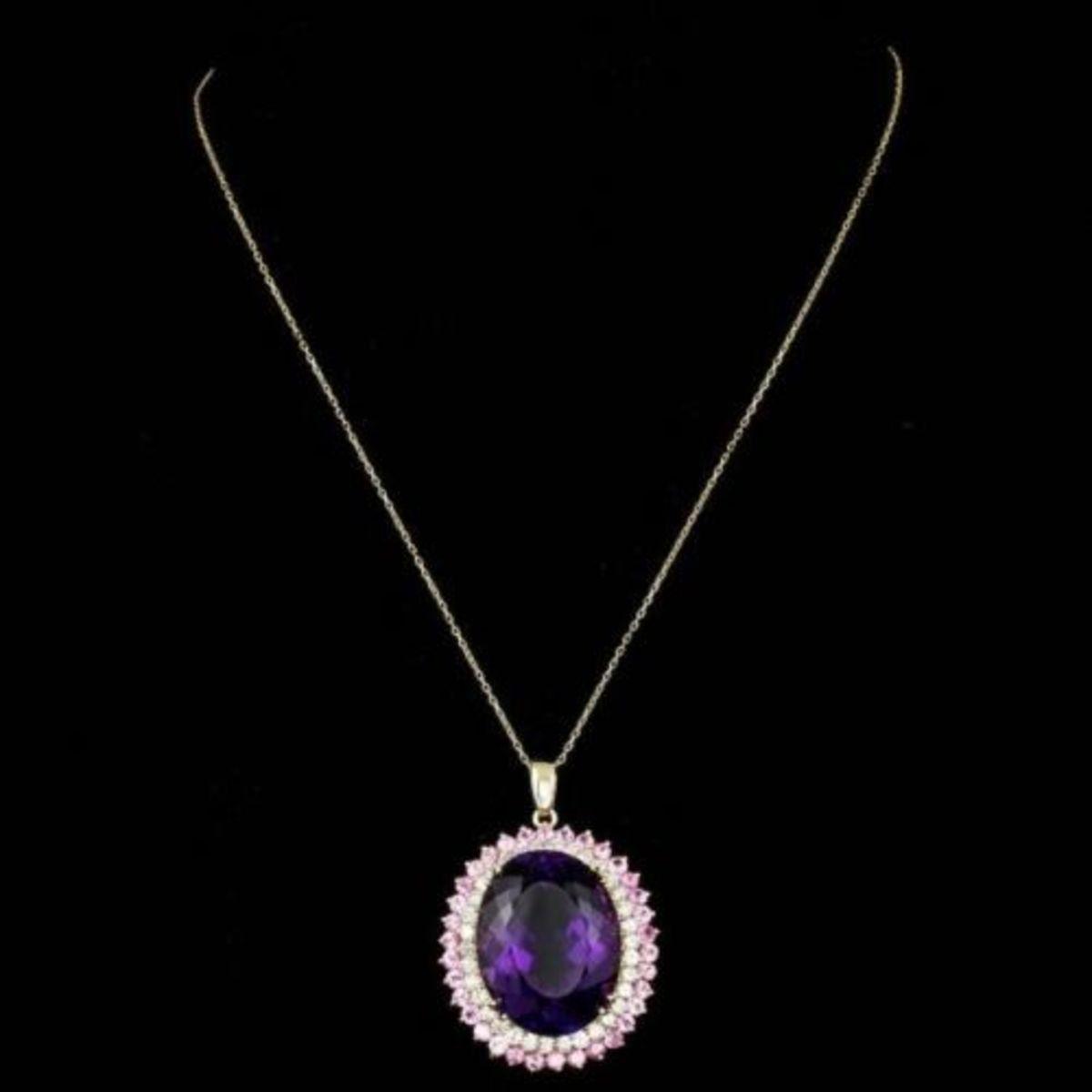 14K Gold 50.10ct Amethyst 4.03ct Sapphire 2.45ct Diamond Pendant