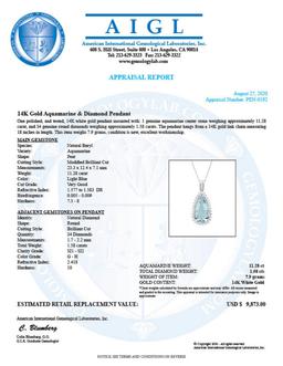 14K White Gold 11.28ct Aquamarine and 1.58ct Diamond Pendant
