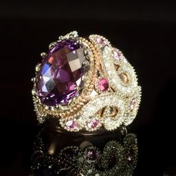 14K Rose and White Gold 16.01ct Amethyst 1.08ct Sapphire and 1.29ct Diamond Ring