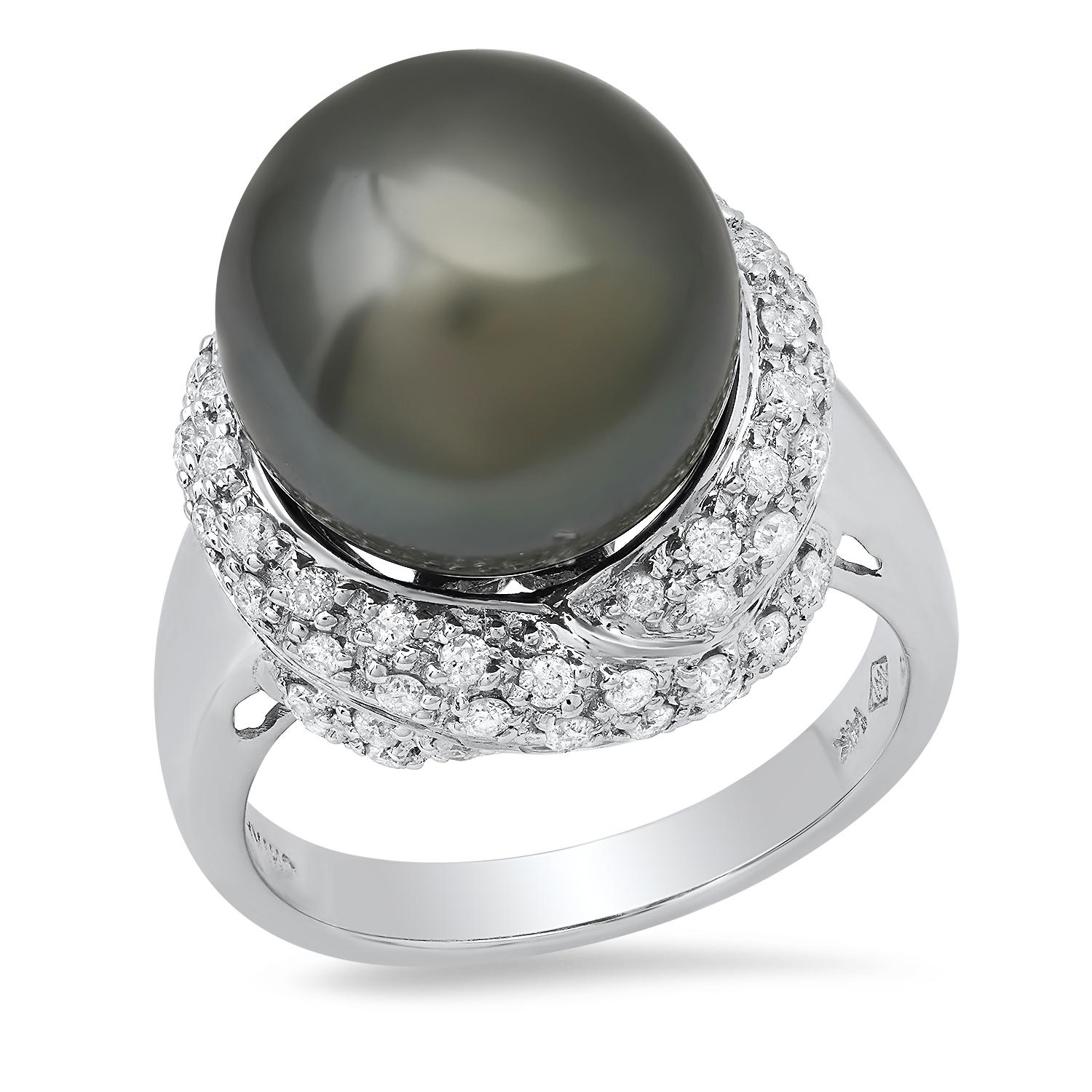 14K White Gold Setting with 13.5mm Tahitian Black Pearl and 0.21ct Diamond Ladies Ring