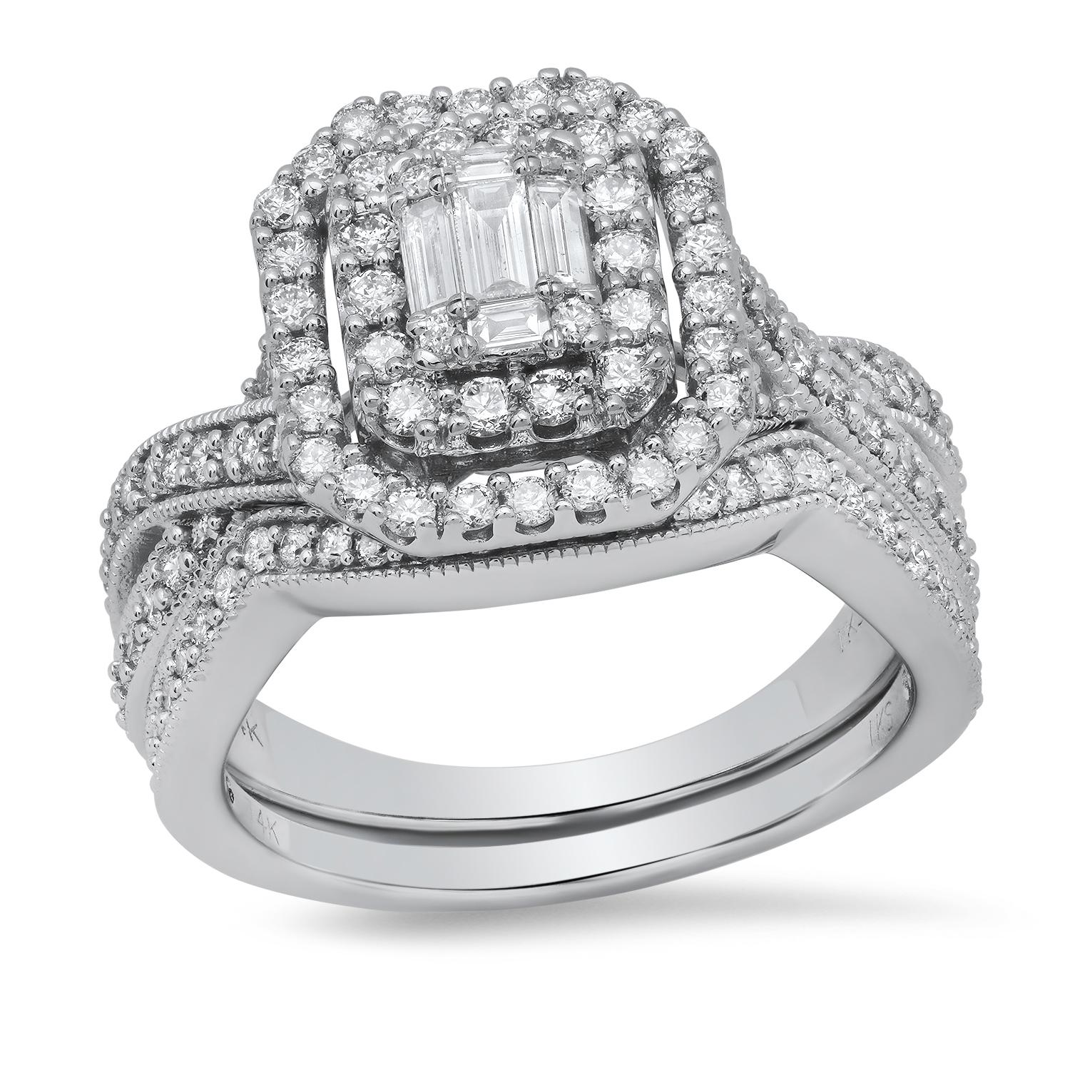 14K White Gold Two Ring Bridal Set with 1.42tcw Diamond Ladies Ring