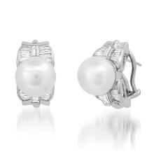 Platinum Setting with 12mm White Pearls and 1.49ct Diamond Earrings