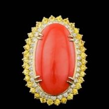 14K Yellow Gold 18.83ct Coral 2.48ct Sapphire and 1.52ct Diamond Ring