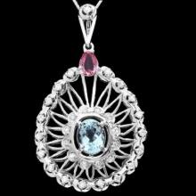 14K Gold 2.70ct Aquamarine 0.83ct Sapphire and 1.11ct Diamond Pendant