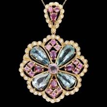 14K Gold 11.86ct Aquamarine 6.46ct Sapphire and Spinel 1.41ct Diamond Pendant