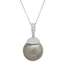 18K White Gold Setting with 15MM Tahitian Pearl and 0.22ct Diamond Pendant