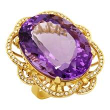 14k Yellow Gold 52.16ct Amethyst 1.09ct Diamond Ring