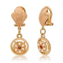 18K Yellow Gold Setting with Pearl and Ruby Earrings