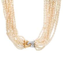 Fresh Water Multi Strand White Pearl Necklace with 14K Bicolored Gold Clasp