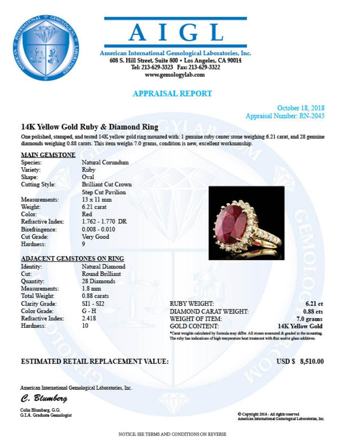 14K Yellow Gold 6.21ct Ruby and 0.88ct Diamond Ring