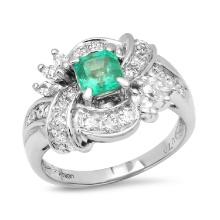 Platinum Setting with 0.77ct Emerald and 0.70ct Diamond Ladies Ring