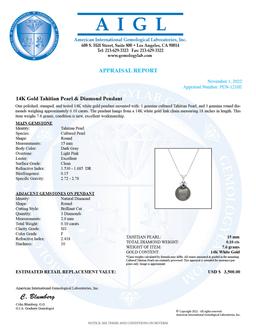 14K White Gold Setting with One 15mm Tahitian Pearl and 0.10ct Diamond Pendant