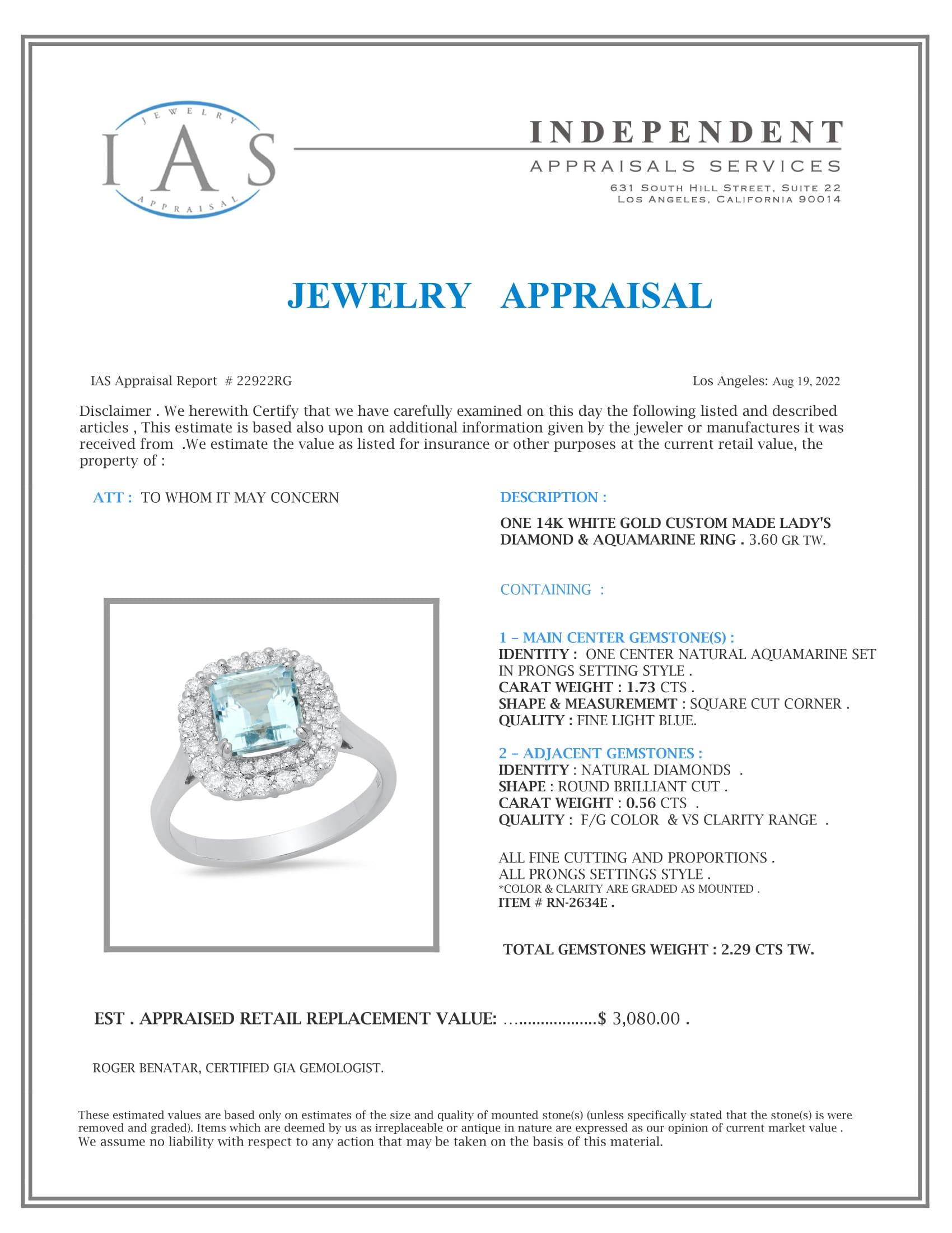 14K White Gold Setting with 1.73ct Aquamarine and 0.56ct Diamond Ring