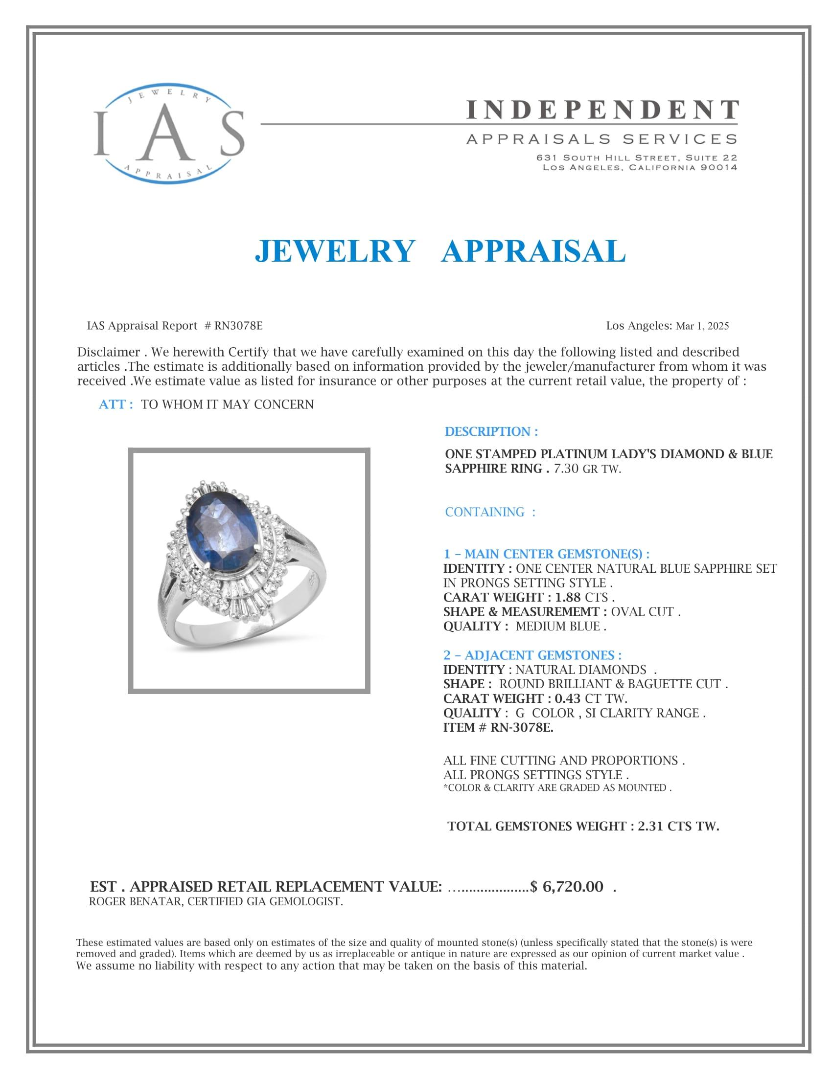 Platinum Setting with 1.88ct Sapphire and .43ct Diamond Ladies Ring