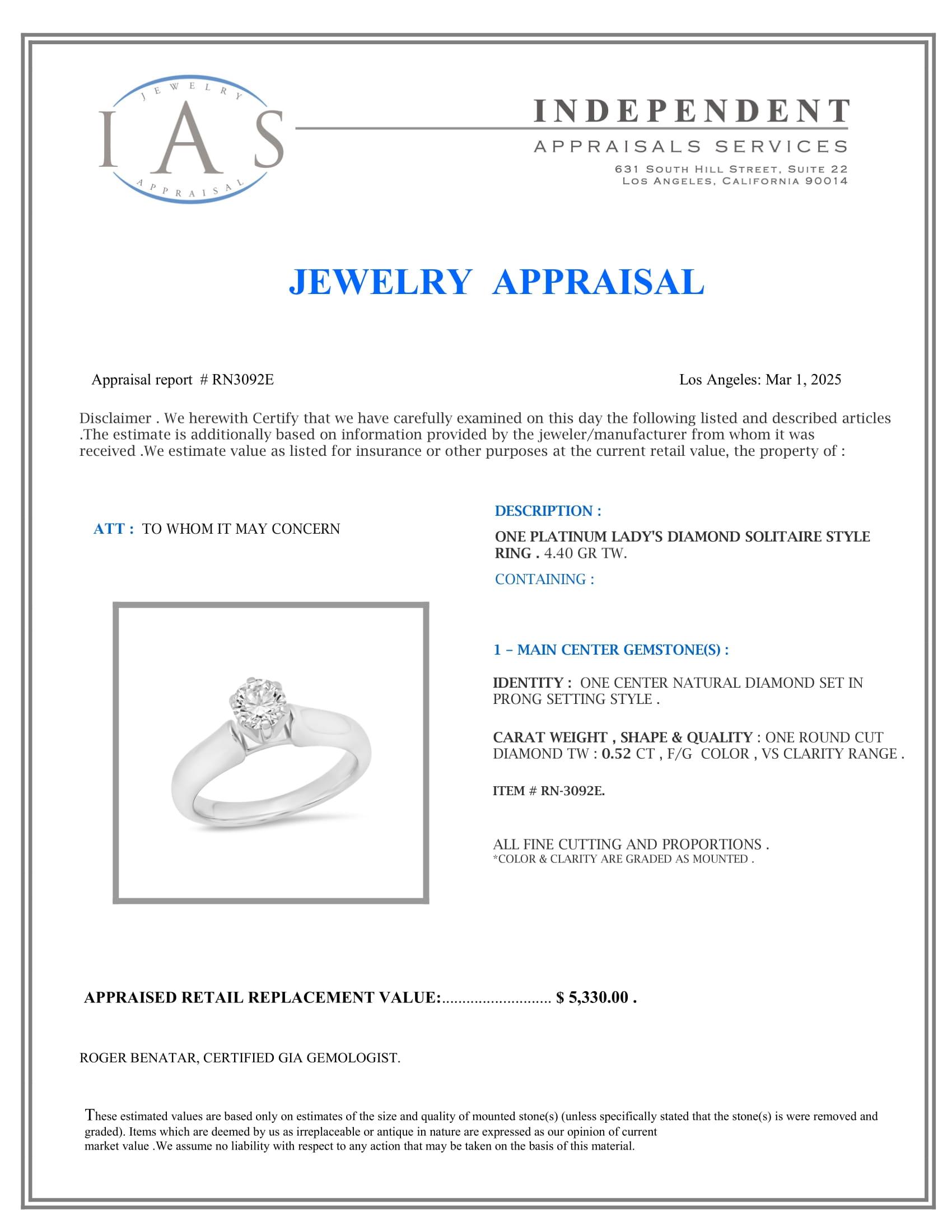 Platinum Setting with 0.52ct Diamond Ladies Ring