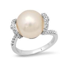18K White Gold Setting with One 11.5mm South Sea Pearl and 0.40ct Diamond Ladies Ring