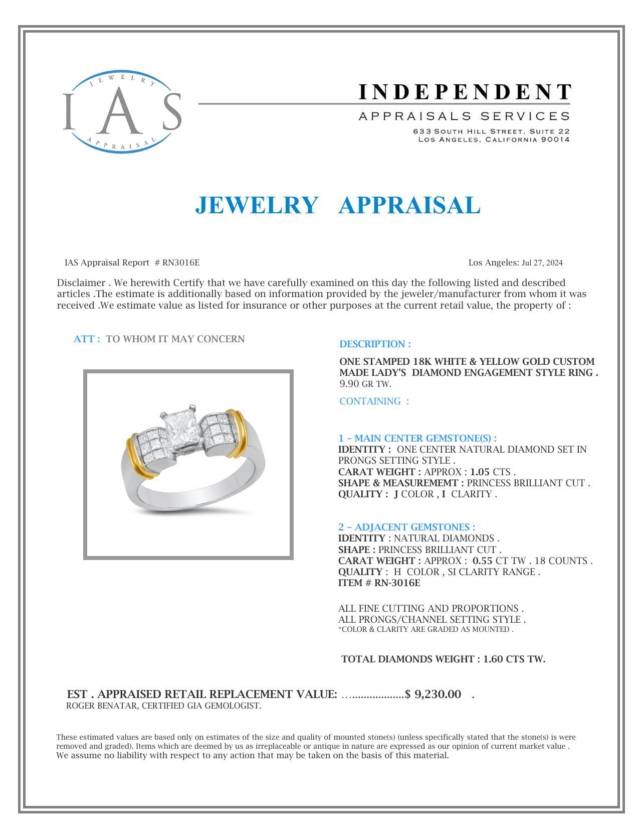 18K White and Yellow Gold Setting with 1.05ct Center and TW 1.6ct Diamond Ladies Ring