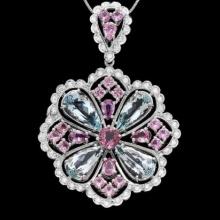 14K Gold 11.85ct Aquamarine 1.56ct Spinel 4.99ct Sapphire and 1.39ct Diamond Pendant
