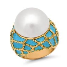 18K Yellow Gold Setting with Mabe Pearl and Enamel Ladies Ring