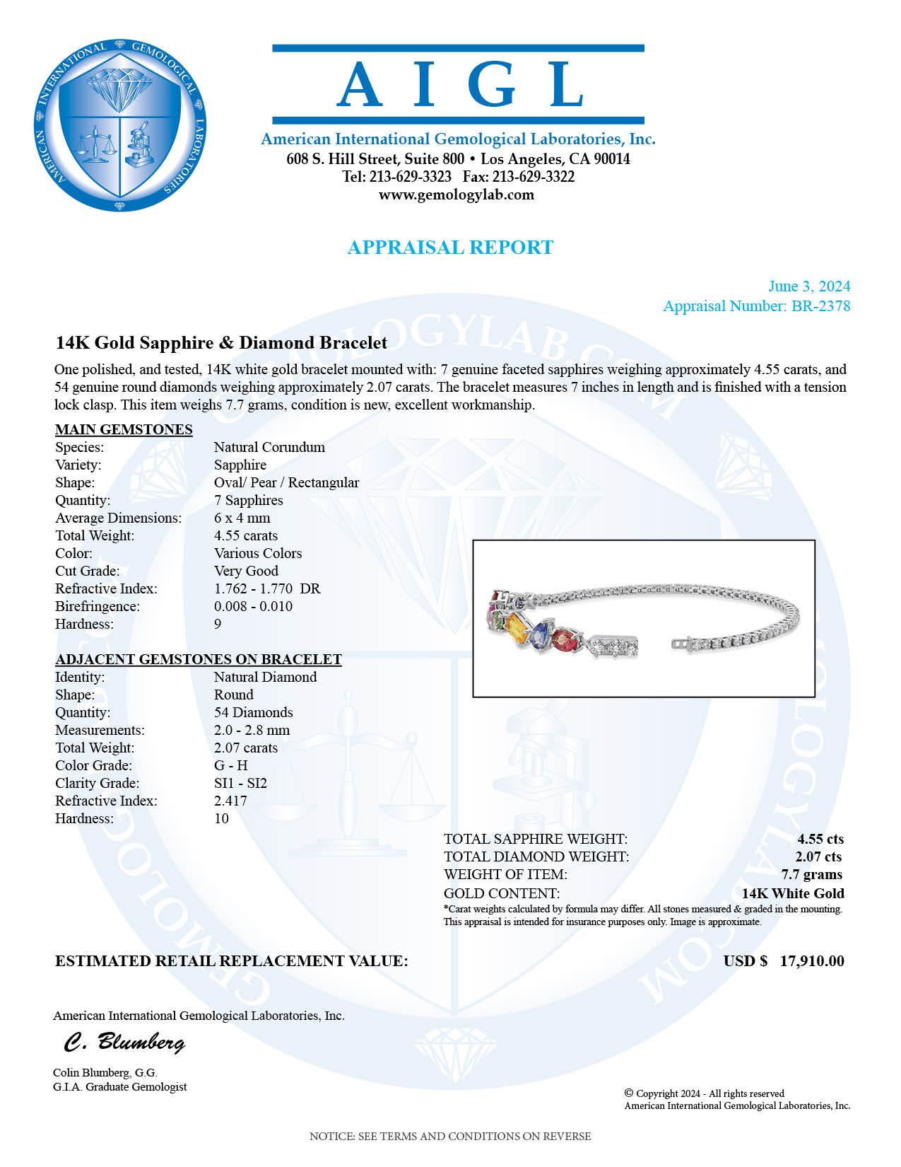 14K White Gold Setting with 4.55ct Multi-color Sapphire and 2.07ct Diamond Bracelet